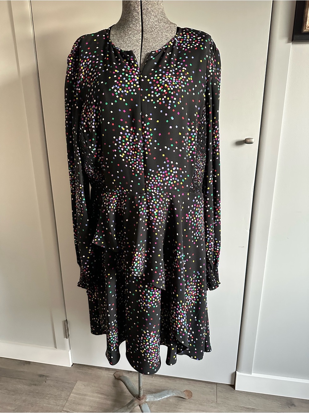 Kate Spade Size 14 Smocked Black Confetti Dot Long Sleeve Dress